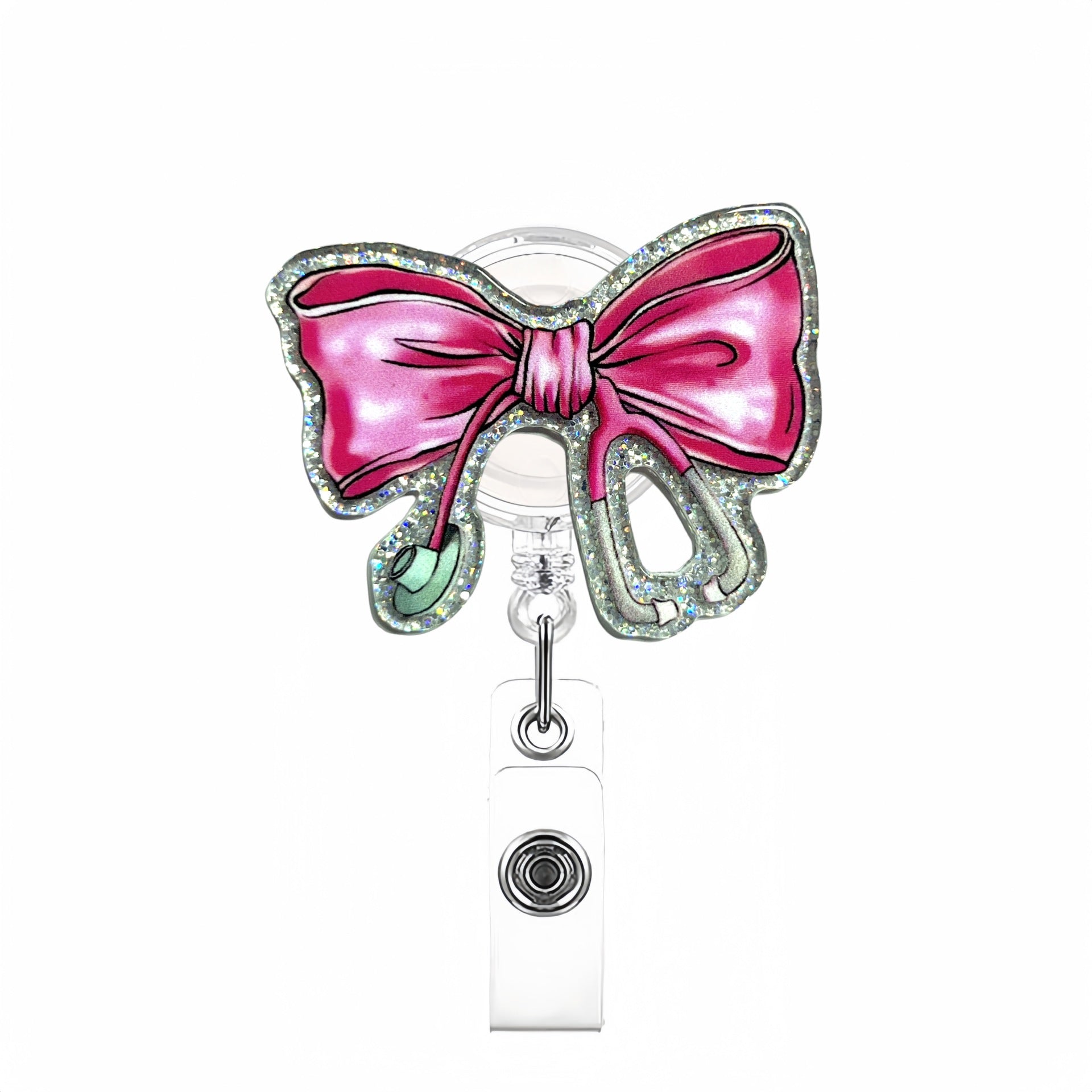 Wholesale new glitter acrylic bow stethoscope telescopic easy-pull buckle creative medical nurse badge clip